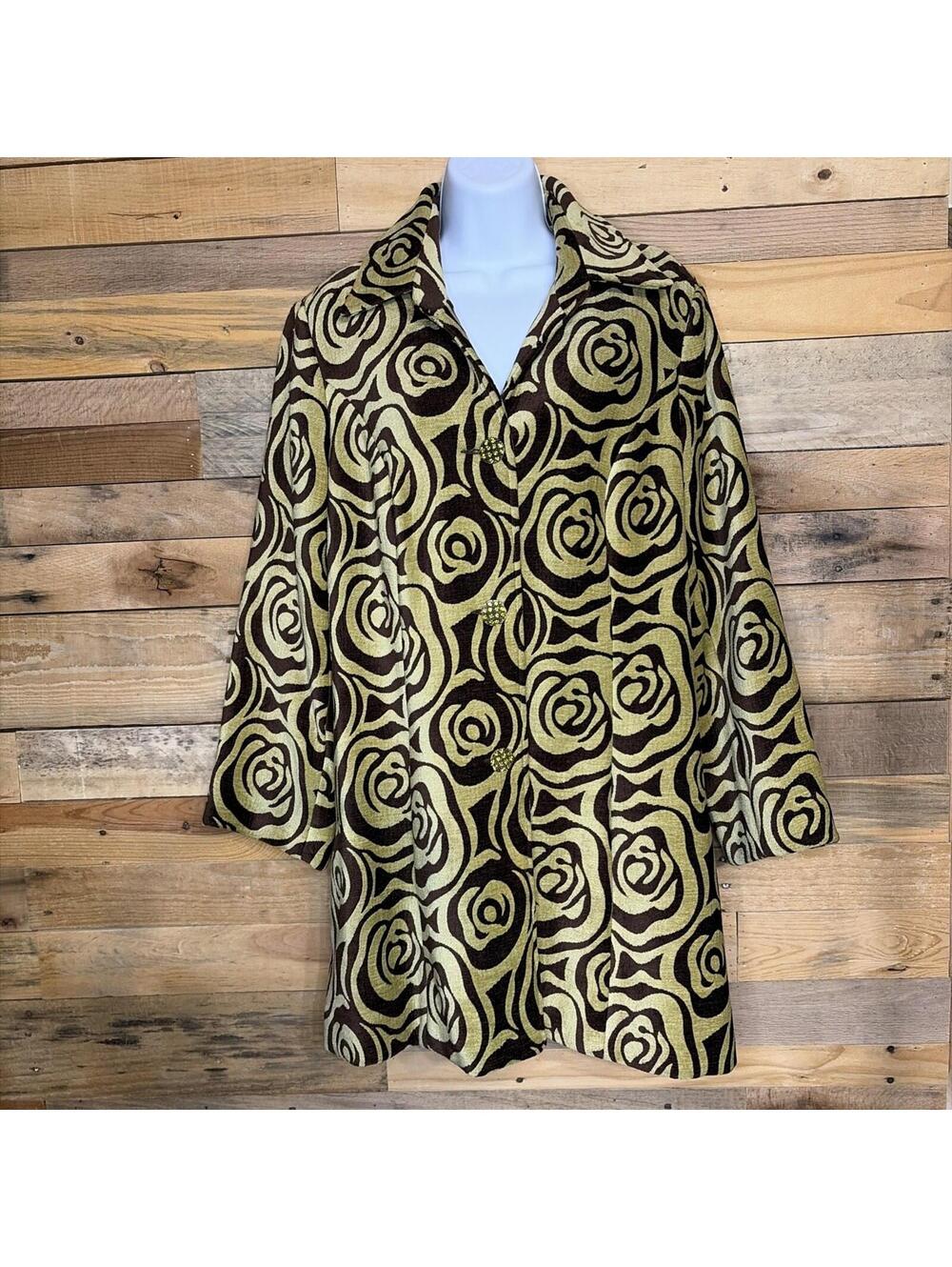 3 Sisters Coat Womens L Retro Mod Funky Bold Artsy Floral Swirl Jeweled Buttons